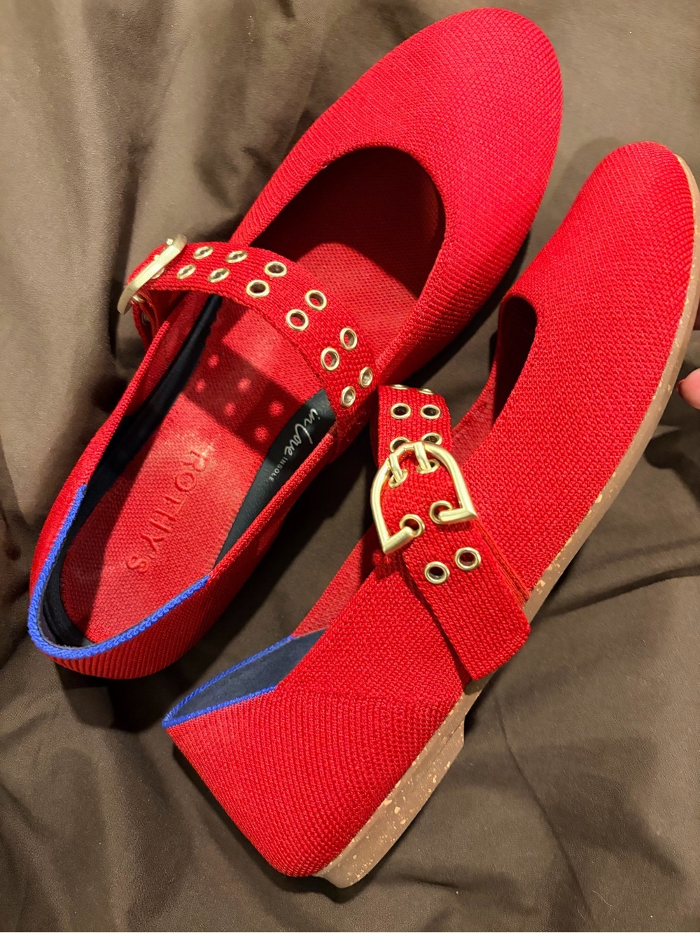 Rothy's Red Mary Jane Flats with Gold Eyelet Strap - Picture 2 of 3